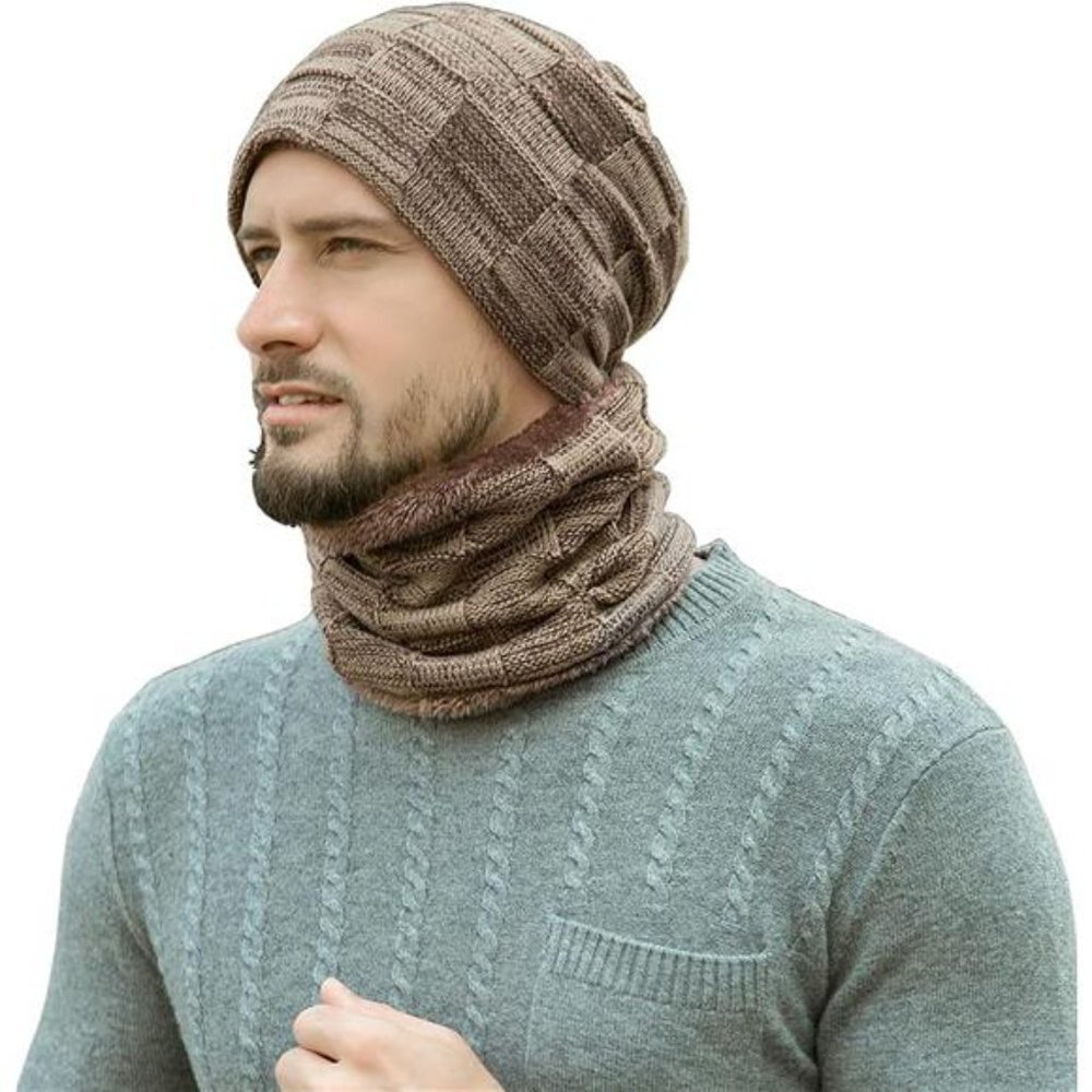 Mens Winter Beanie Hat Scarf Set-Khaki